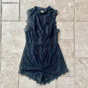 Francescas Black Floral Lace Romper Open Back Mock Neck‎ Sleeveless Large